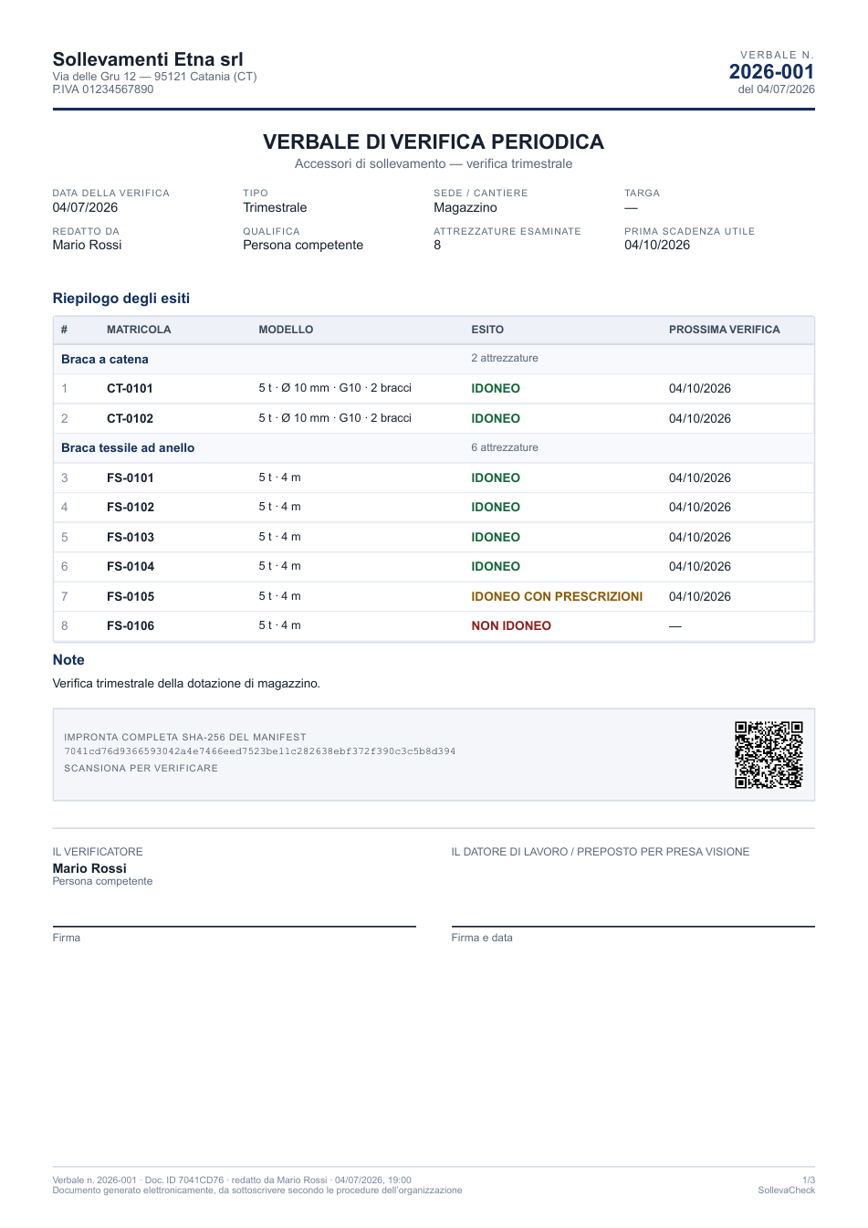 Prima pagina del verbale periodico 2026-001 di Sollevamenti Etna srl, azienda dimostrativa: otto accessori, sei idonei, uno non idoneo e uno idoneo con prescrizioni; numero, impronta del manifest, QR e spazi per le firme.
