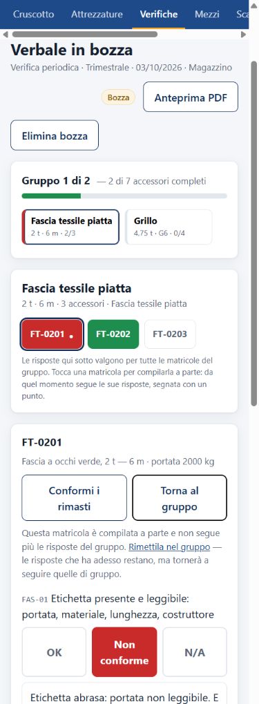 SollevaCheck sul telefono, durante una verifica: per ogni punto di controllo tre tasti — OK, Non conforme, N/A. Il primo punto è segnato non conforme e sotto è comparso il campo per la nota.