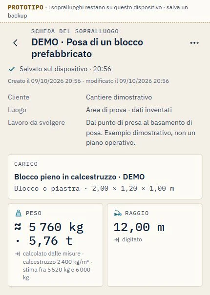 Scheda DEMO di posa di un blocco in calcestruzzo: misure 2 × 1,20 × 1 m, peso stimato 5.760 kg da densità indicativa e raggio 12 m digitato.